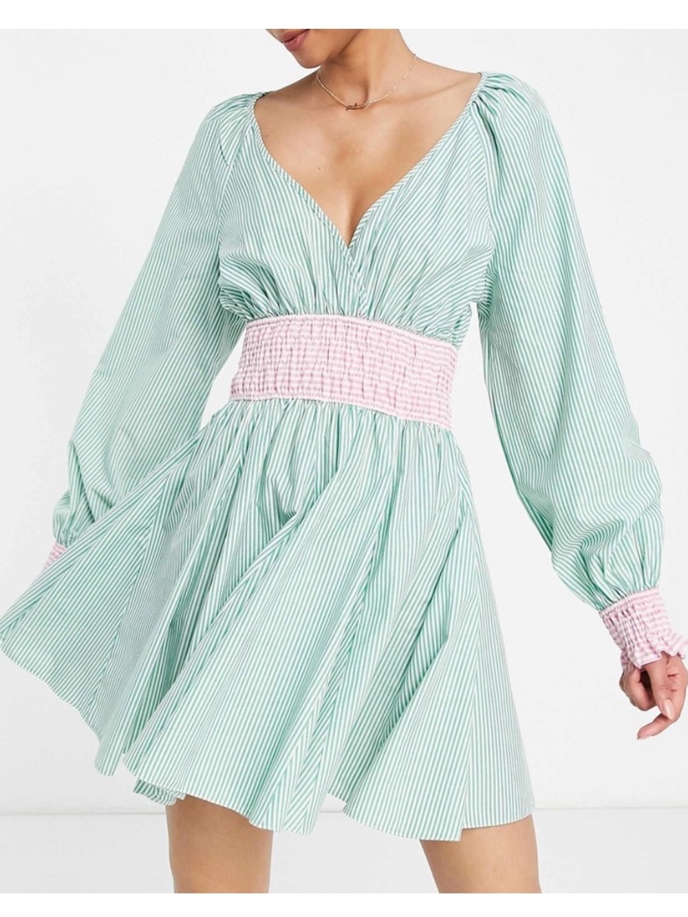 Topshop Green and White Striped Long Sleeve Dress with Pink Smocked Waist